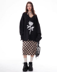 Distressed Rose Print Sweater