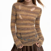 Distressed Striped Knit Sweater