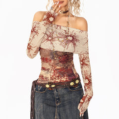 Sun Print Mesh Off-Shoulder Top
