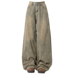 Washed Cross Print Wide Leg Jeans