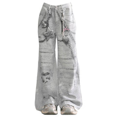 Washed Grey Y2K Chain Print Jeans