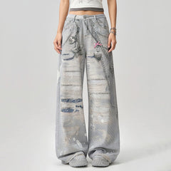 Washed Grey Y2K Chain Print Jeans
