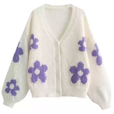 White Knit Cardigan with Purple Flower