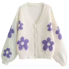 White Knit Cardigan with Purple Flower