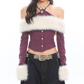Y2K Fuzzy Off Shoulder Knit Top