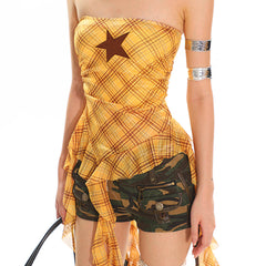 Y2K Star Plaid Asymmetric Tube Top
