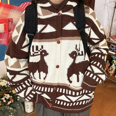 Brown Reindeer Knit Hooded Cardigan