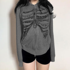 Chain Skeleton Print Grunge Hoodie