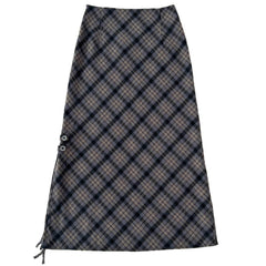 Dark Academia Plaid Side-Slit Skirt