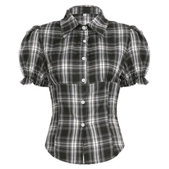 Dark Academia Puff Sleeve Plaid Shirt