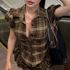 Dark Academia Puff Sleeve Plaid Shirt