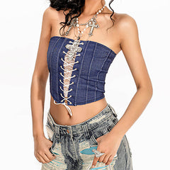 Denim Lace-Up Corset Tube Top