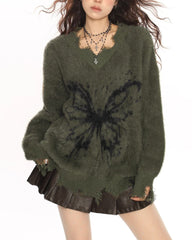 Grunge Butterfly Fuzzy Knit Sweater