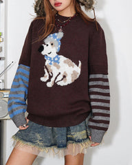 Puppy Print Striped Sleeve Jumper