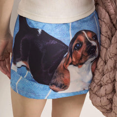 Puppy Print Y2K Denim Micro Skirt