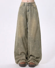 Washed Cross Print Wide Leg Jeans