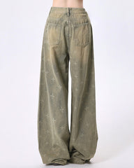 Washed Cross Print Wide Leg Jeans