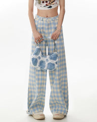 Wide-Leg Blue Gingham Trousers