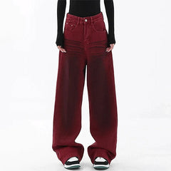 Wine Red Faded Wide Leg Jeans