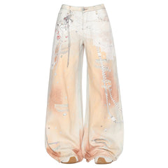 Y2K Chain Print Wide Leg Jeans in Peach