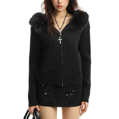 Y2K Style Fur Trim Zip Hoodie