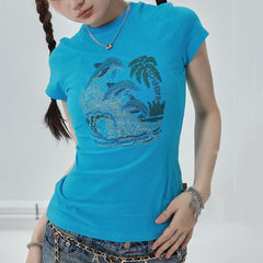 Y2K Dolphin Rhinestone Baby Tee