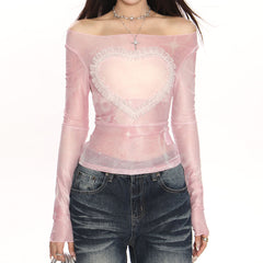 Y2K Ruffled Heart Long Sleeve Top
